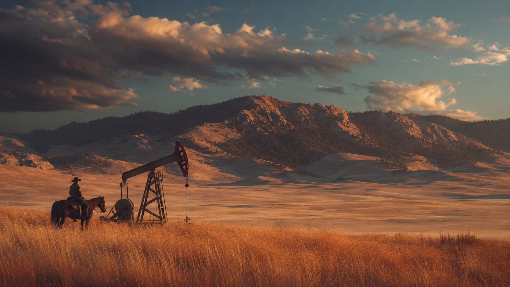 Oil pumpjack in a western field with mountains at sunset